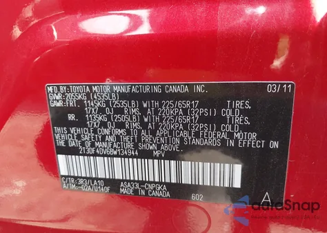 2011 Toyota Rav4 Limited from USA, damaged, VIN 2T3DF4DV6BW134944